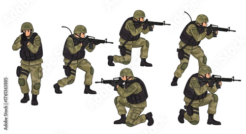 Collection of specialized military soldiers in tactical gear, aiming rifles in various combat-ready action poses and stances