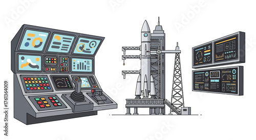 Detailed Vector Illustration of Space Rocket on Launchpad with Sophisticated Mission Control Panel and Data Monitoring Screens