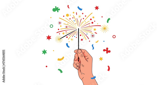 A person's hand holding a bright, lit sparkler with an explosion of colorful sparks and confetti for a festive occasion