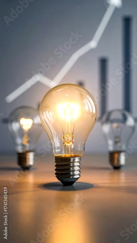 Illuminated light bulb, business graph background