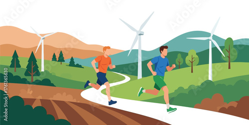 Energetic men jogging toward a sustainable future past wind turbines in vibrant countryside landscape, perfect for eco-conscious campaigns and active lifestyle