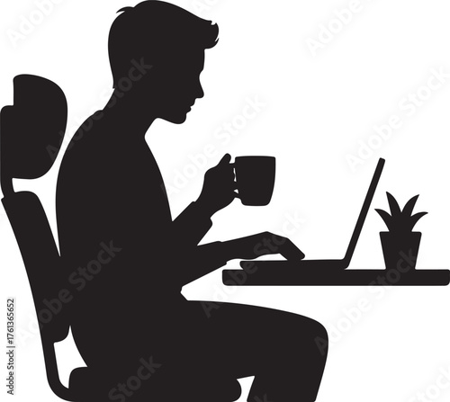 Silhouette of a man working on a laptop and drinking coffee sitting chair