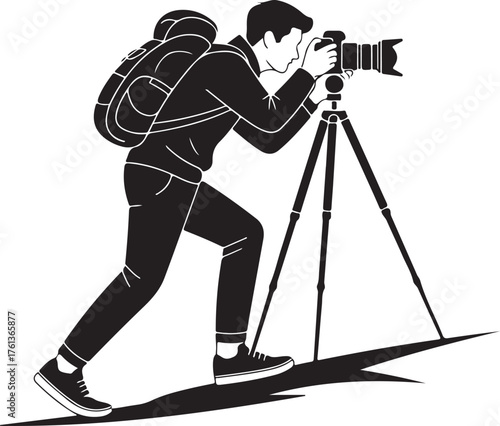 Silhouette of a photographer with a backpack and tripod capturing a shot photography camera