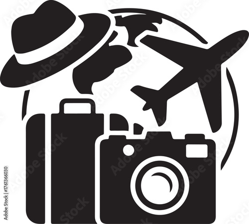 Travel icons including globe airplane suitcase camera and hat vacation holiday