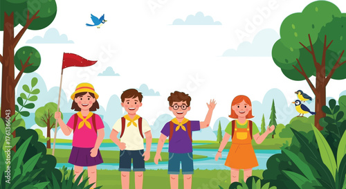 Happy children exploring nature on a summer adventure with birds and trees, perfect for outdoor activities and youth programs illustrations
