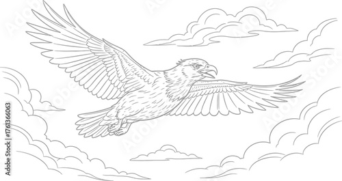 Majestic eagle soars through cloudy skies in elegant line art, perfect for coloring books, educational resources, and creative projects