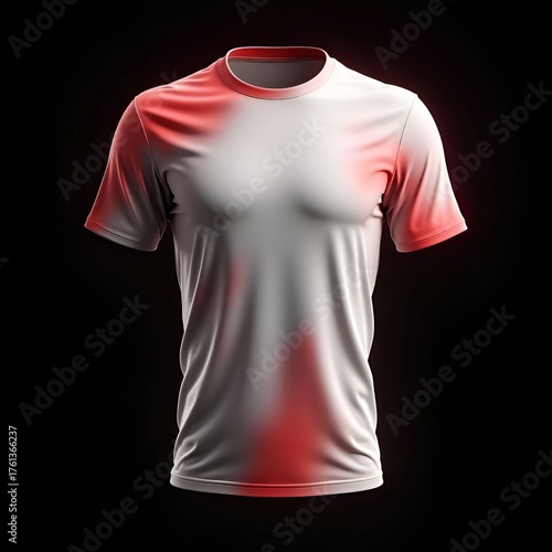 Realistic White and Red Gradient T-Shirt Mockup on Dark Background.