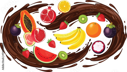 Indulge in a vibrant fusion of tropical fruits and rich chocolate for a delicious, healthy treat that's perfect for a smoothie or dessert design element