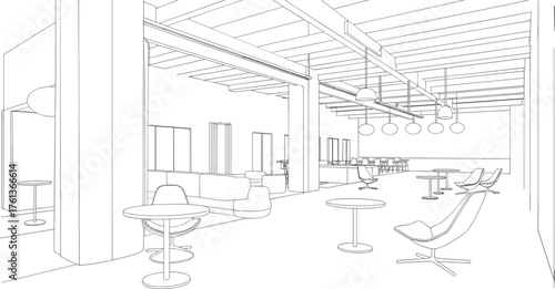 Modern office lounge interior line art with minimalist furniture, pendant lights, open ceiling beams, columns, and collaborative seating layout