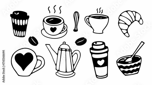 Doodle set of 10 coffee icons featuring cups mugs espresso and croissant vector
