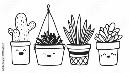Cute doodle cacti and succulents vector illustration kawaii plant pots scalable art