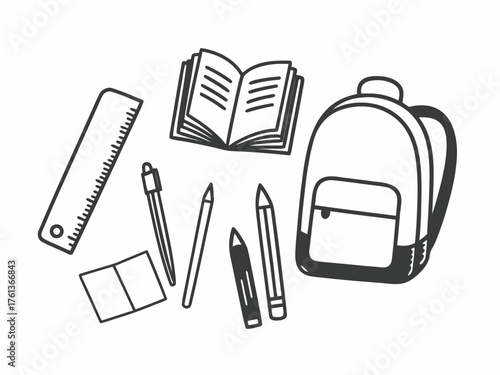School supplies vector doodle illustration backpack books pencils eraser ruler