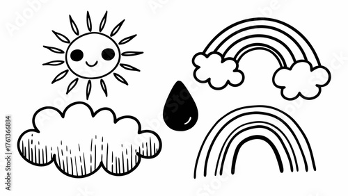 Cute doodle weather icons sun cloud raindrop and rainbow vector illustration