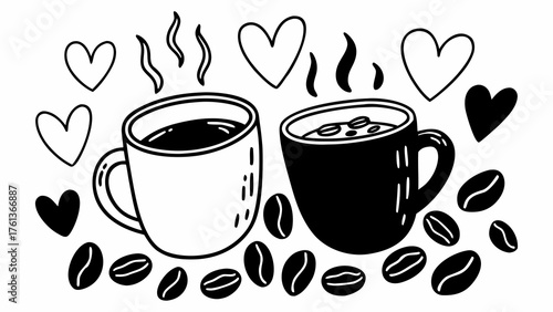 Charming coffee doodle vector art featuring mugs beans and hearts