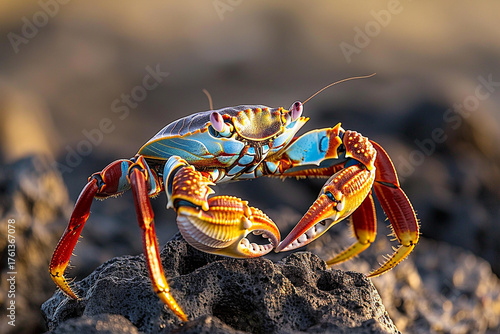A beautiful crab perched gracefully on a sunlit rock, showcasing its vibrant colors and intricate patterns in a stunning display of nature's wonders  
