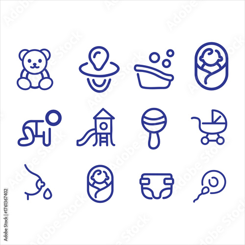 Charming collection of baby care icons, representing childhood and new life