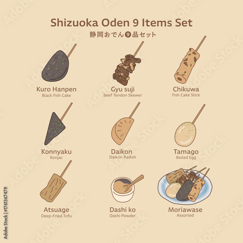 Shizuoka Oden 9 Items Set – Japanese Winter Food Illustration (Hand-drawn Vector)
