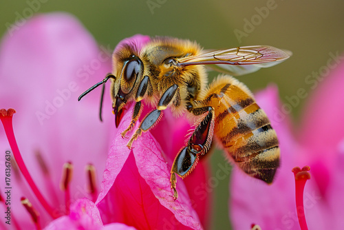 A beautiful honeybee, a vital pollinator insect, delicately rests on a vibrant pink flower petal in a stunning close-up macro photograph, showcasing the intricate beauty of nature  