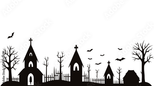 An illustration of an old church tower silhouette against the morning sky in a city skyline vector art style