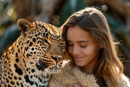 A beautiful portrait capturing the bond between a girl and a majestic leopard, showcasing the harmony between humans and predatory animals in a display of love and connection  