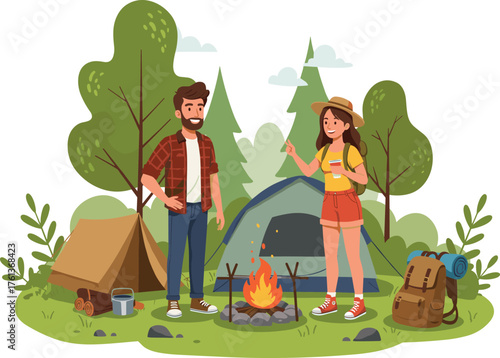 Cartoon camping scene in forest, campfire, tents, backpack, plaid shirt, sunhat, outdoor adventure, nature relaxation, summer travel, companionship