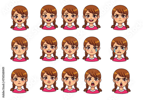 Vector illustration of set of cartoon girl faces showing different emotions