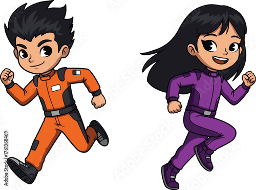 Cartoon characters running in jumpsuits, orange and purple outfits, cheerful expressions, energetic motion, animated style, vibrant action scene
