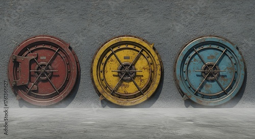 Three weathered, circular vault doors line a textured wall, suggesting containment and secrets.