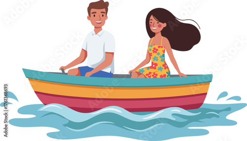 Cartoon couple boating, colorful rowboat, summer lake, floral dress, water splash, outdoor fun, vibrant colors, travel, leisure, joy