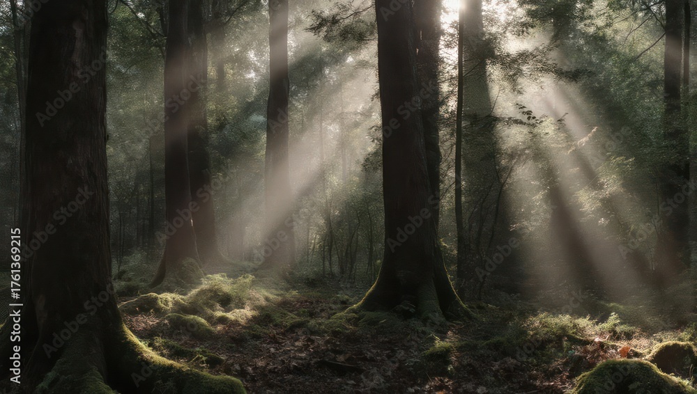 Fototapeta premium Sunbeams piercing a misty forest floor