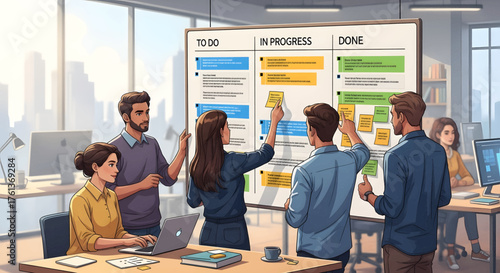 A diverse team of professionals collaborating on a project management board in a modern office setting, using sticky notes to track tasks.