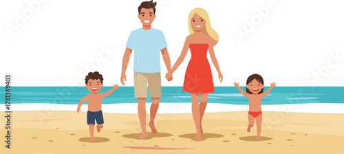 Cartoon family at beach, summer vacation, happy parents and kids, ocean waves, red dress, swimwear, sunny day, joyful moment