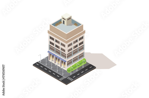 illustration of a hotel building with a beautiful garden on the side of the road, isometric style Suitable for Diagrams, Game Asset, And Other asset