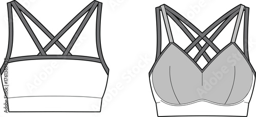Vector sports bra fashion illustration with strappy back design, molded cups, athletic wear, fitness apparel, modern active lifestyle clothing