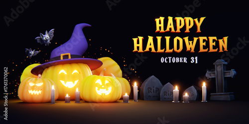 Quadro su tela Halloween Trick or Treat with Pumpkin Jack-O'-Lantern, Witch Hat,pumpkins, bats, and spooky decorations on a black background