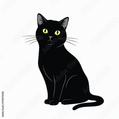 Illustration of a black cat sitting with yellow eyes on a white background