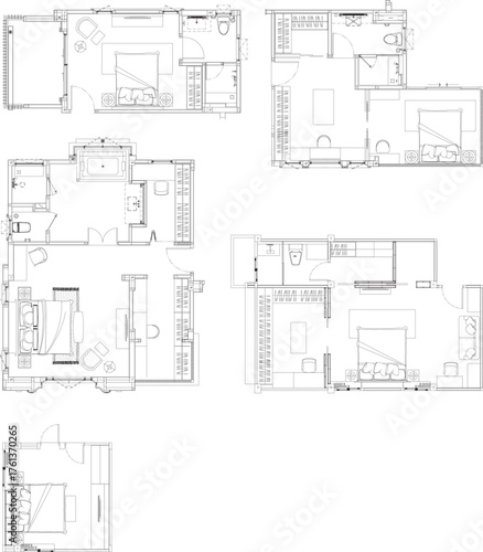Drawing 2D Interior Design Furniture Layout Plan — Bedroom, Dressing Room, and Bathroom (5 Layouts, 5 Designs)