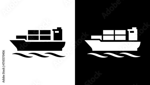 Cargo Ship on Ocean Waves Silhouette Vector Style Illustration