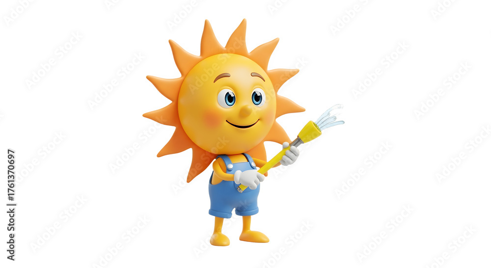 Fototapeta premium Cheerful cartoon sun character in overalls holding a paintbrush.