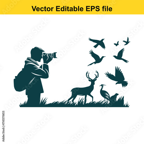 Vector art of photographer photographing wildlife including a deer and birds in a grassy field, , vector illustration