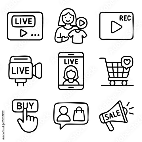 A set of doodle line icons about livestream shopping, online selling, video marketing, buying, product review, and digital promotion
