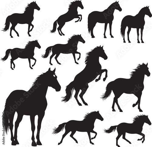 Collection of black horse silhouettes in various poses on transparent background