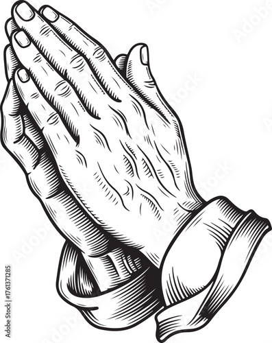 Praying hands detailed illustration with elegant lines on transparent background silhouette