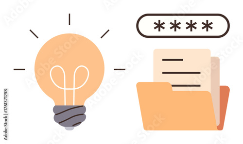 Light bulb symbolizing creativity with a file folder containing documents and a password entry bar. Ideal for innovation, security, organization, technology, data protection, privacy, simple flat