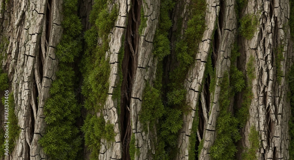 Obraz premium Tree bark texture with moss intricate patterns details
