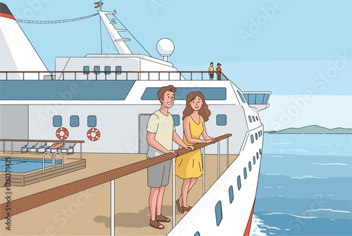 Couple on cruise ship deck, ocean view, summer travel, relaxing moment, scenic sea, vacation vibes, clear sky, peaceful journey