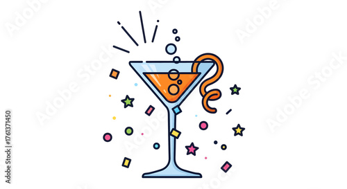 A festive martini glass filled with an orange beverage and garnished with a citrus peel, surrounded by colorful confetti and sparkling celebratory elements.