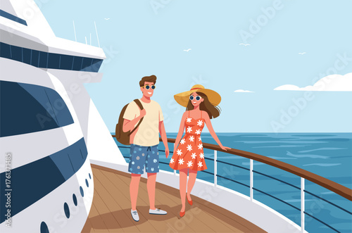 Couple on cruise ship deck, ocean view, summer travel, vacation vibes, stylish outfits, smiling tourists, clear sky, romantic getaway