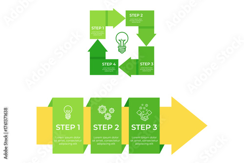 Infographic of step-by-step process for effective problem-solving. Arrows and lightbulbs signifying ideas and progress in structured manner