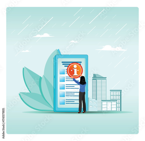 Customer Service Guide. Businesswoman Interacts with Large Information Icons on a Guide Page.